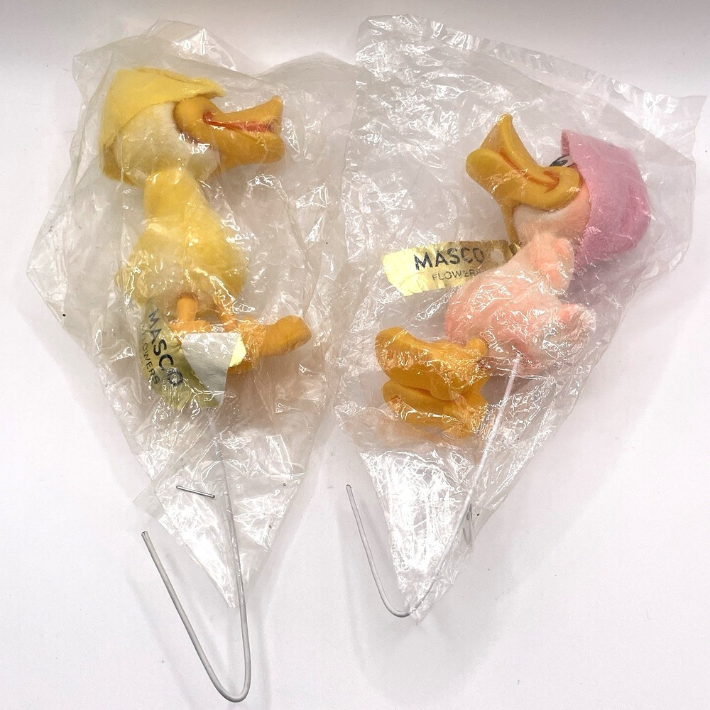 2 Vintage Masco Flowers Flocked Pink Yellow Ducks Floral Picks Hong Kong NOS